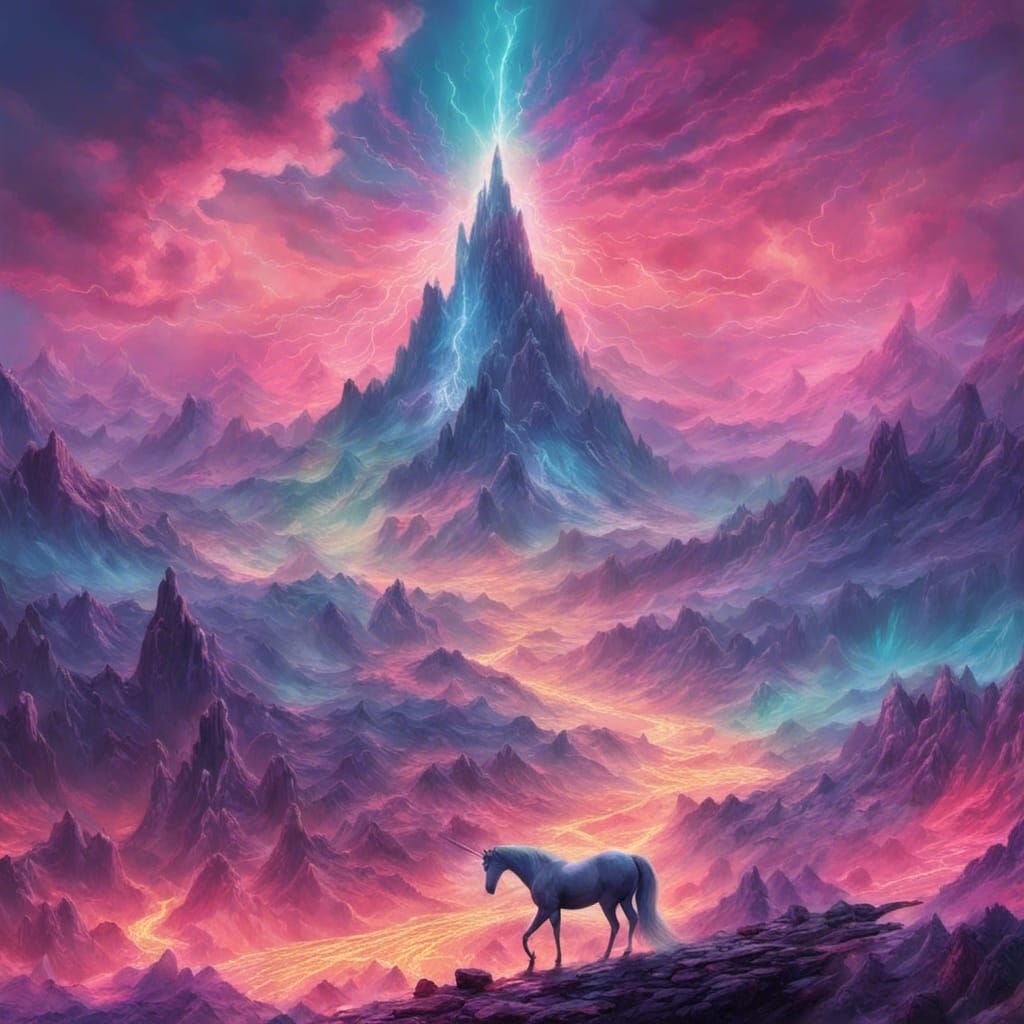 Glittering Unicorn Mountain in Synthwave Style