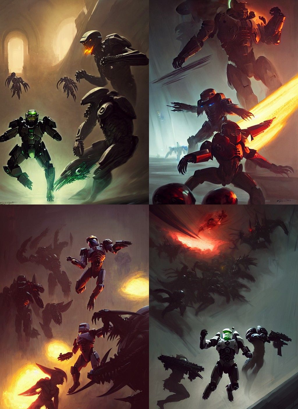 Epic Battle Against Necromorphs in Painterly Style