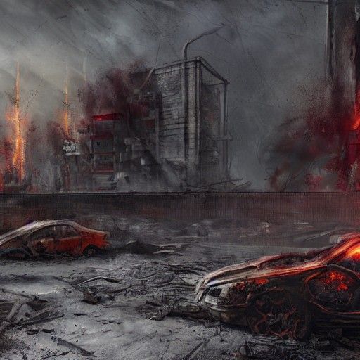 Post-Apocalyptic Fire Car Crash in Dystopian Setting