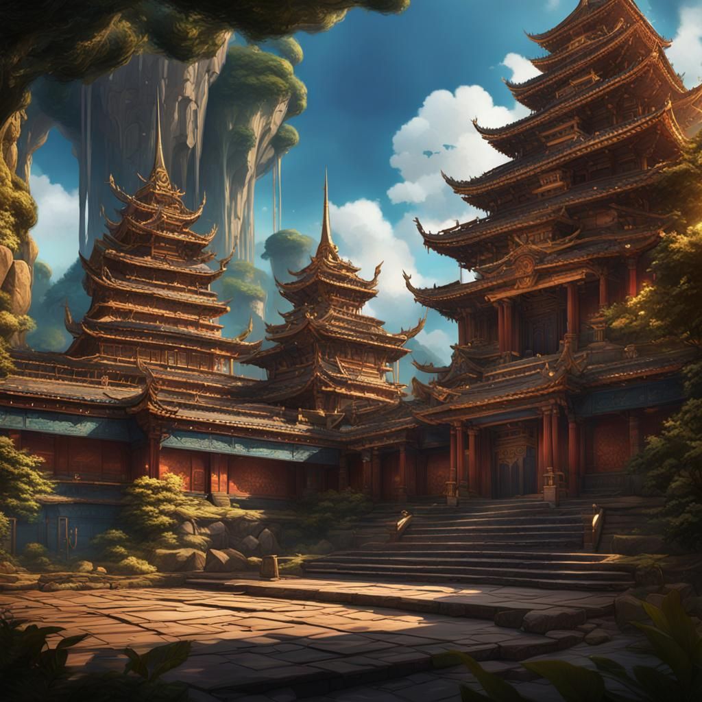 Fantastical Air Temple Concept Art in 2D Style