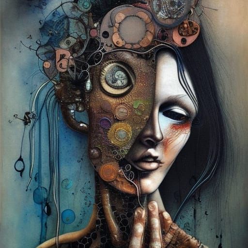 Geometric Abstract Portrait with Bioluminescence and Ink Dri...