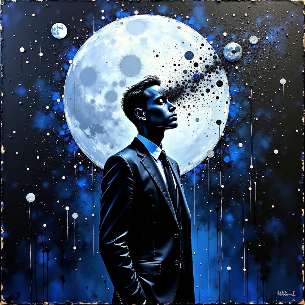 Cosmic Businessman Contemplates Moon: Impasto Oil Painting