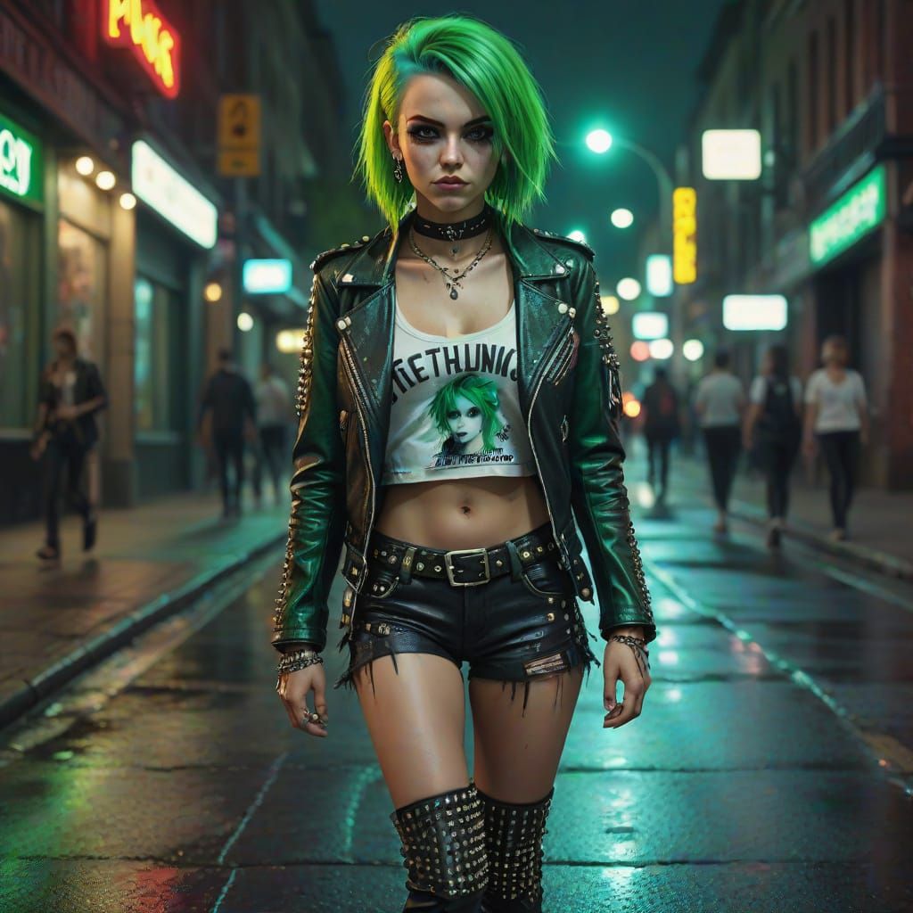 Glowing Green-Eyed Punk Rock Rebel Strolls City Streets at N...