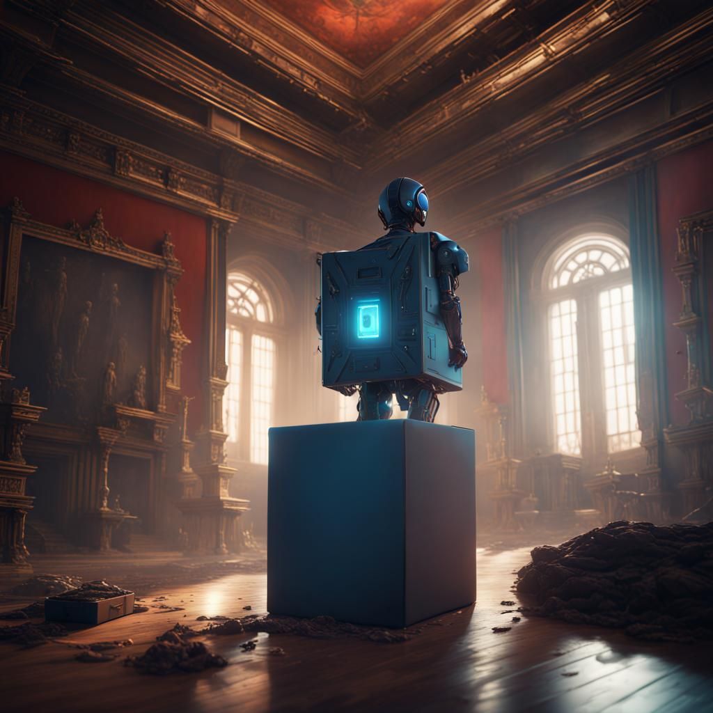 Humanoid AI Emerges from Box: Detailed Matte Painting
