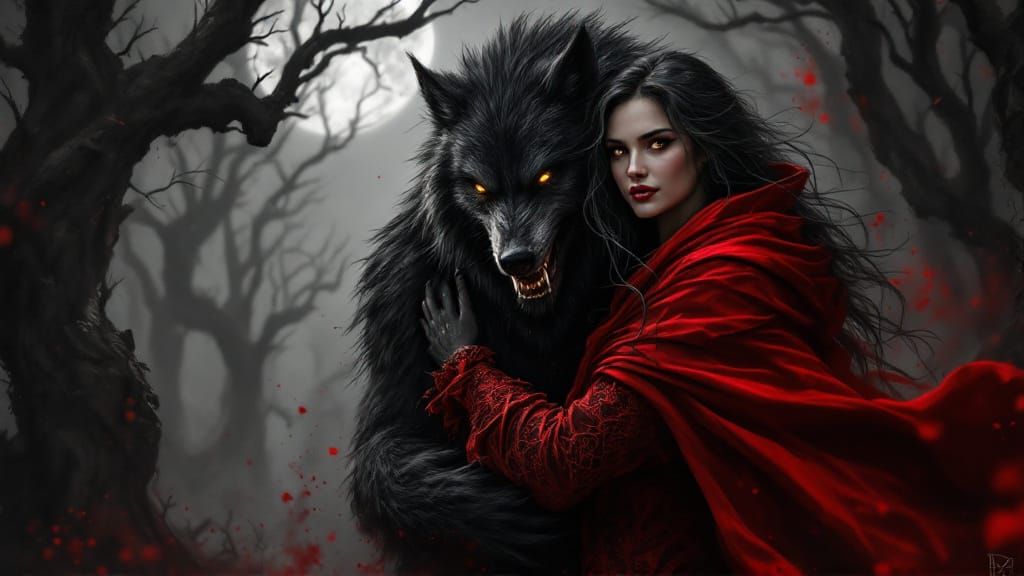 Red Riding Hood and Werewolf in Mystical Forest