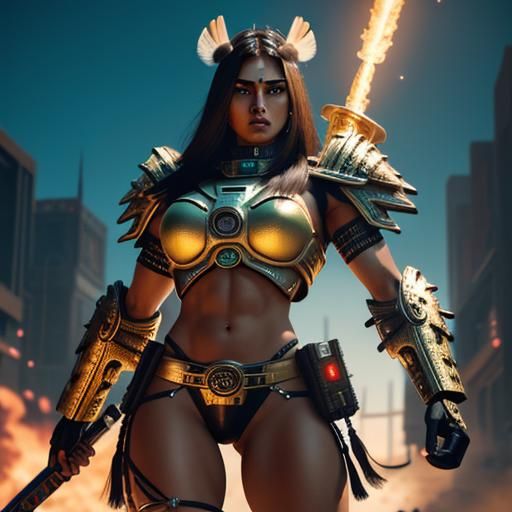 Aztec Warrior Woman with Flaming Sword in Cyberpunk Style