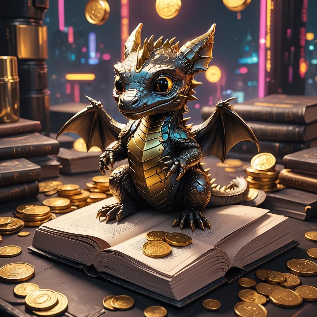 Cyberpunk Dragon on Book Surrounded by Gold