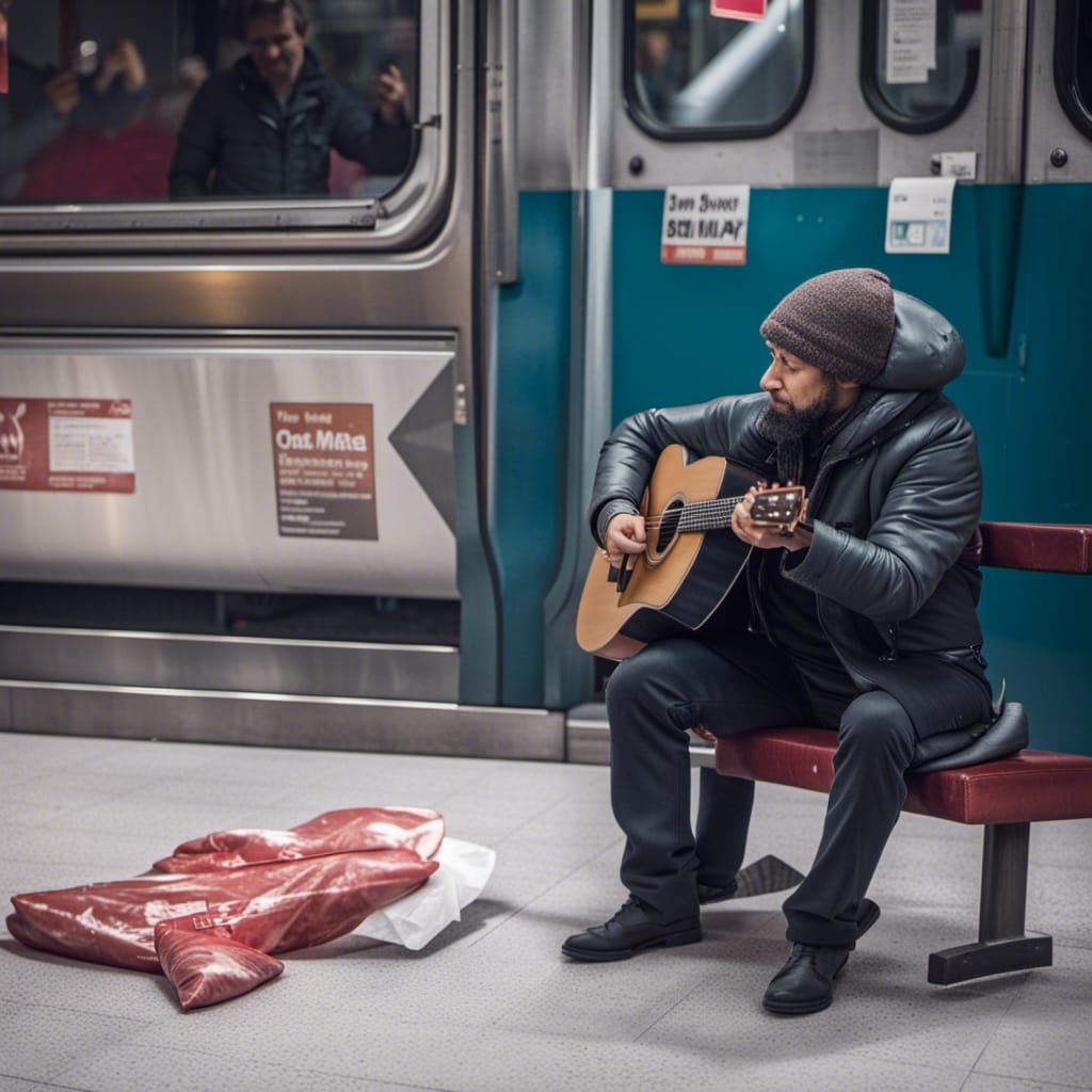 Man busking in the cold subway for raw meat