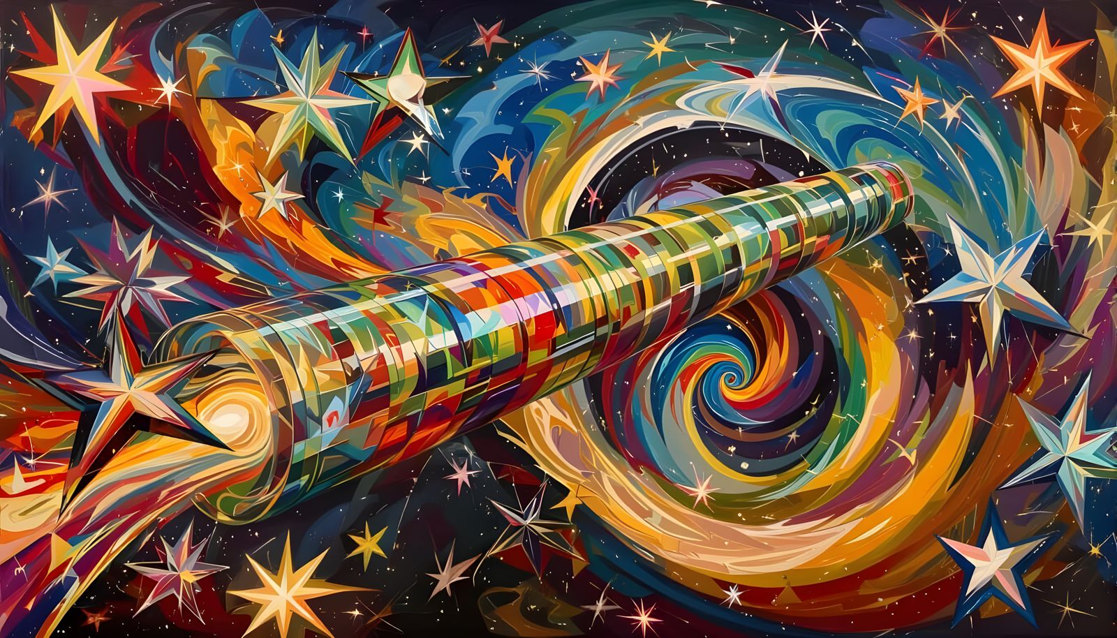 Sleek Rainbow Cylinder with Vortex Exhaust in Impasto Oil Pa...