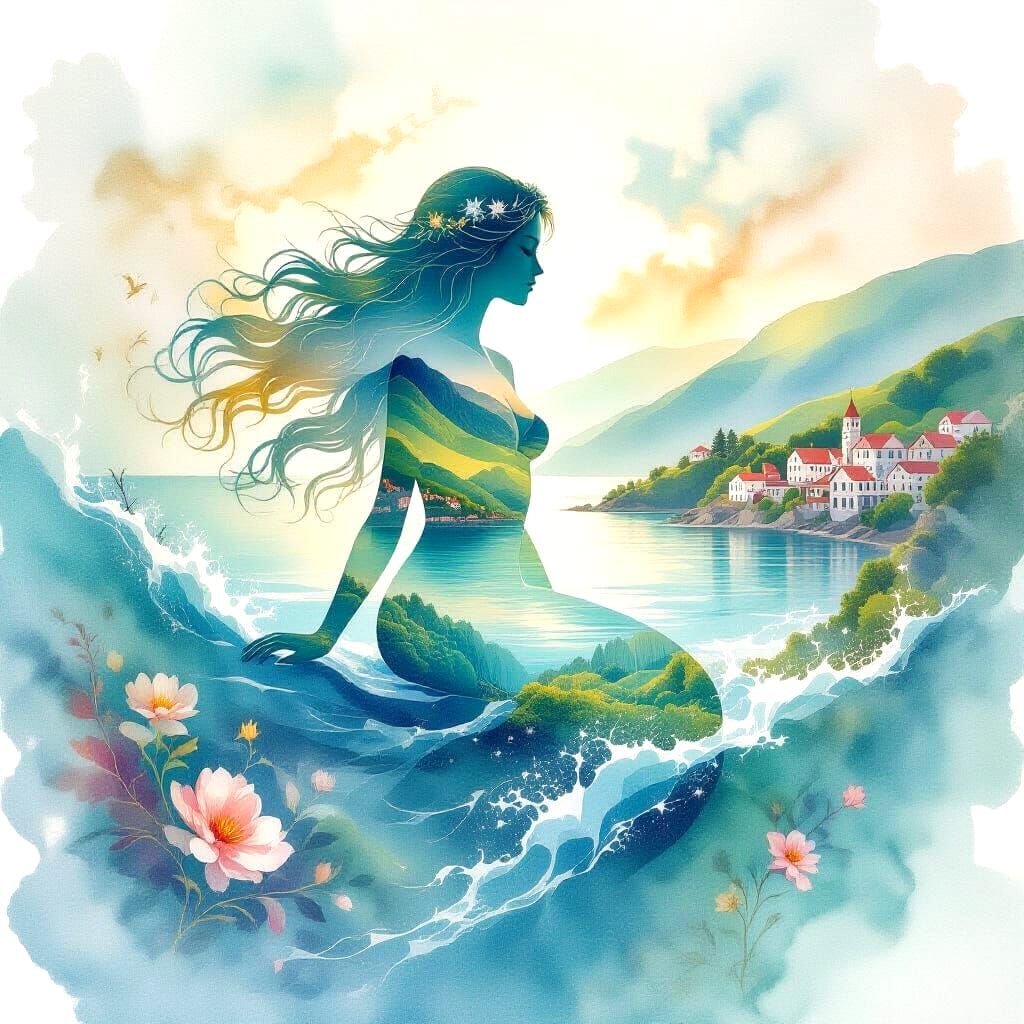 Mermaid Dreams of Land in Double Exposure Watercolor