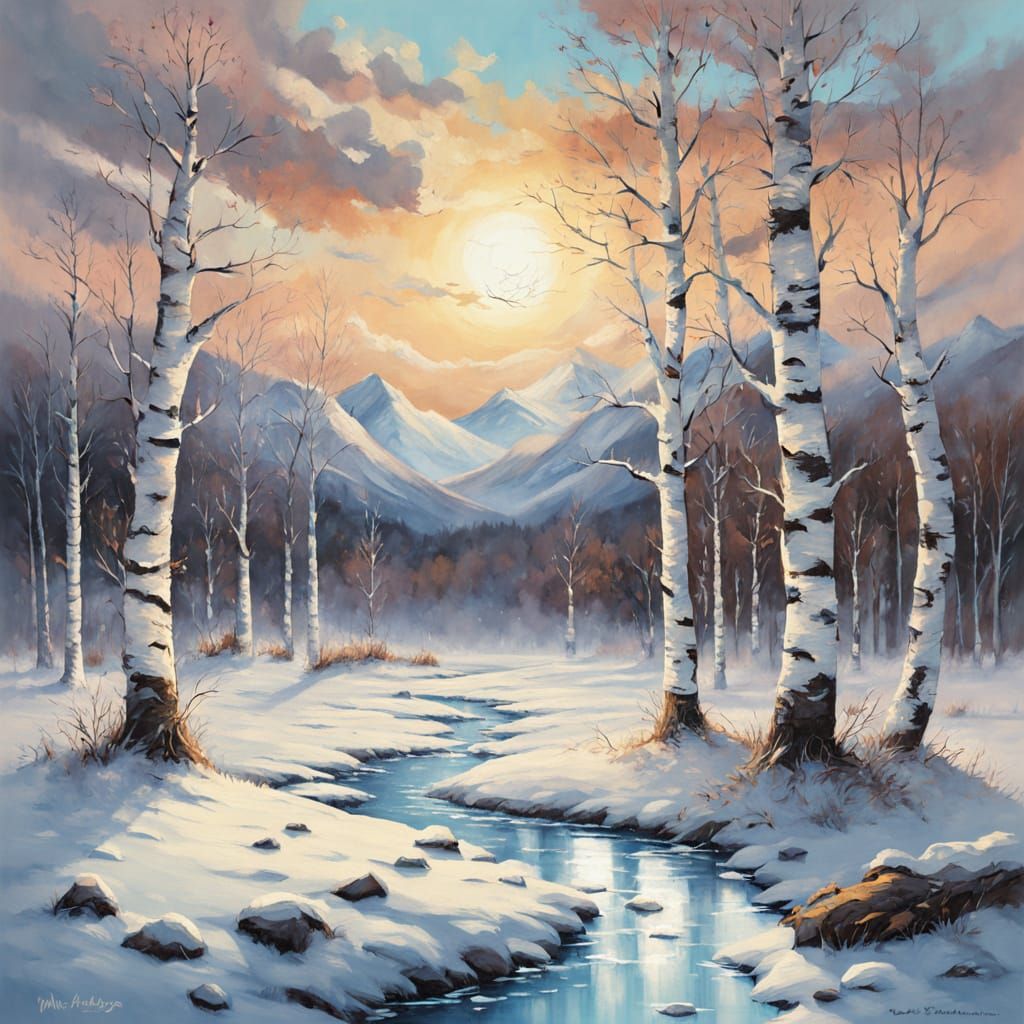 Mystical Winter Landscape with Occult Symbols in Acrylic