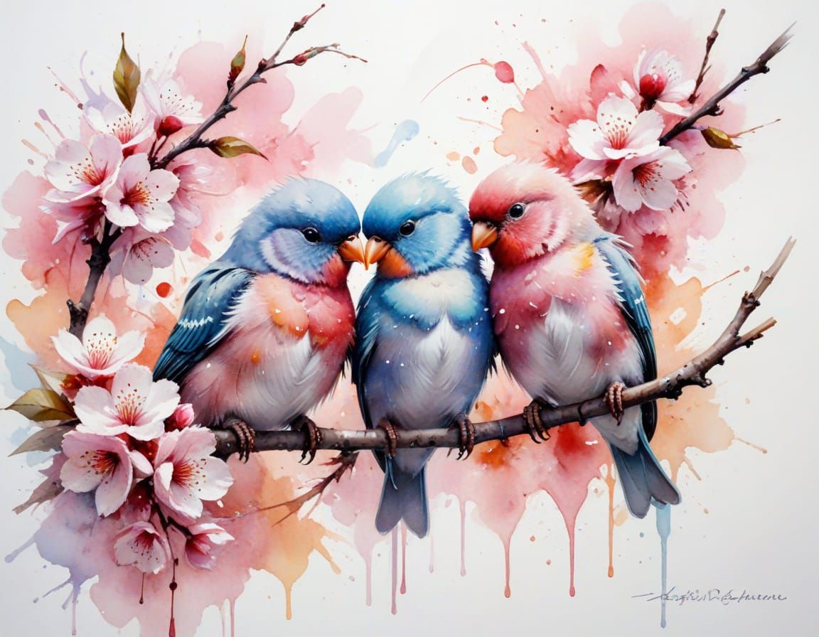 Pastel Lovebirds on Cherry Branch in Watercolour Style