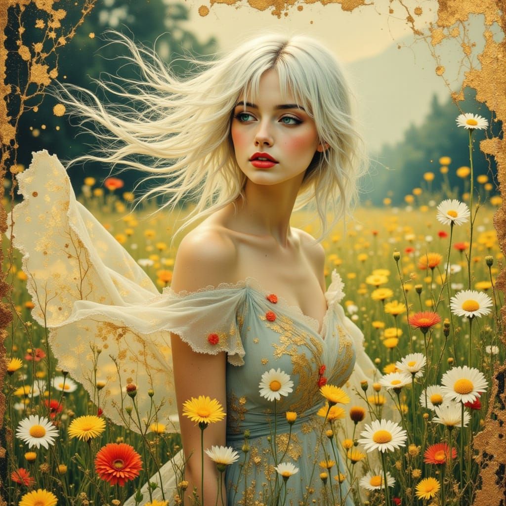 Woman in Flowing Gown in Golden Hour Field