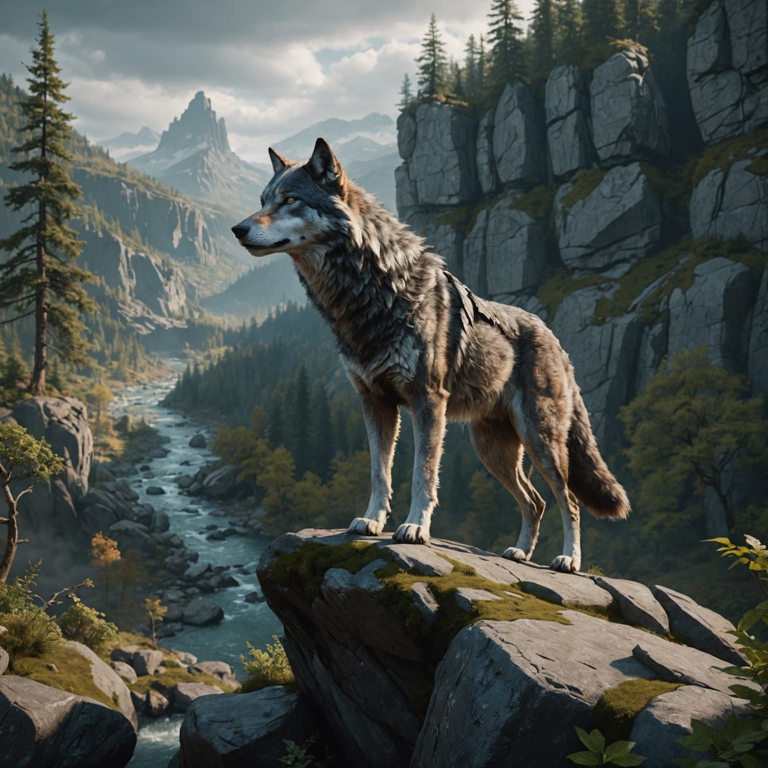 Grey Wolf Surveys Forest Territory in Detailed Matte Paintin...