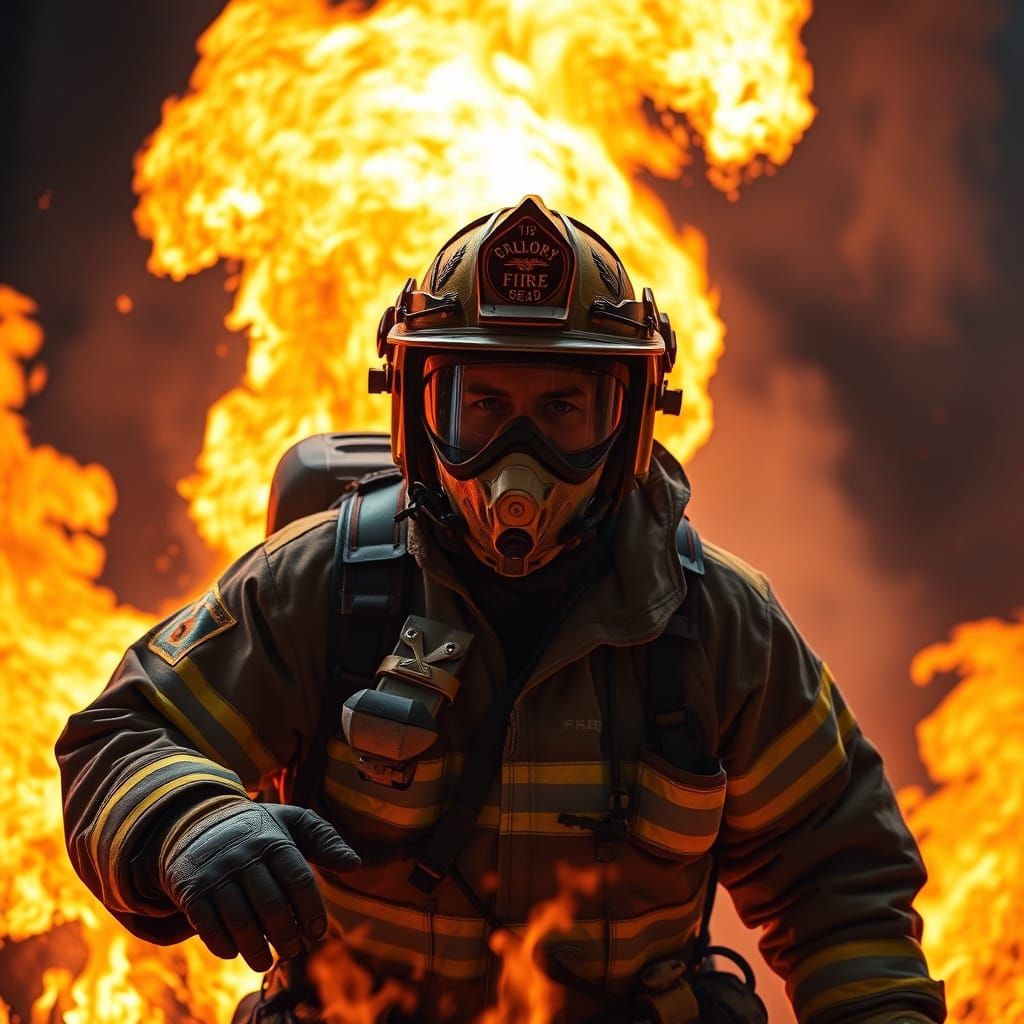 Heroic Fireman in Flames: Photorealistic Image