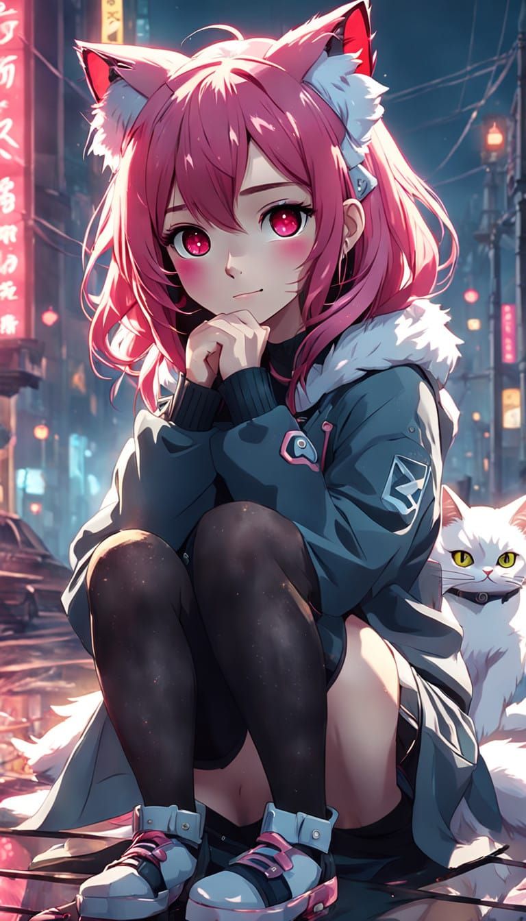 Anime Girl with Red Eyes and Pink Hair in Elegant Pose