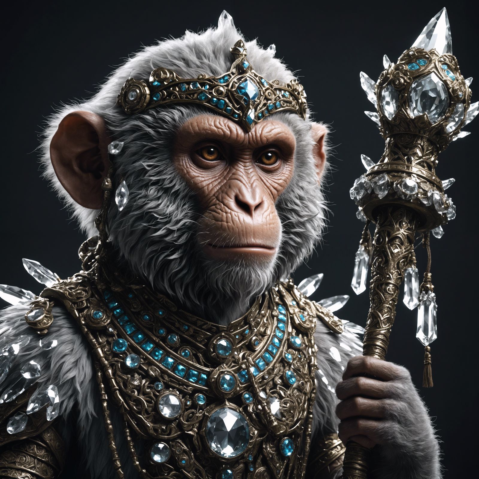 Monkey in Crystal Armor Holding Shaman Staff