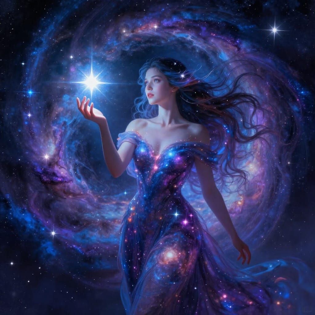 Celestial Woman Holding Star Amidst Cosmic Vortex