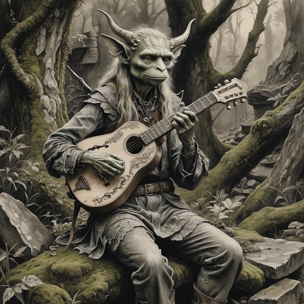 Kobold Bard in Ancient Ruins: Charcoal Drawing