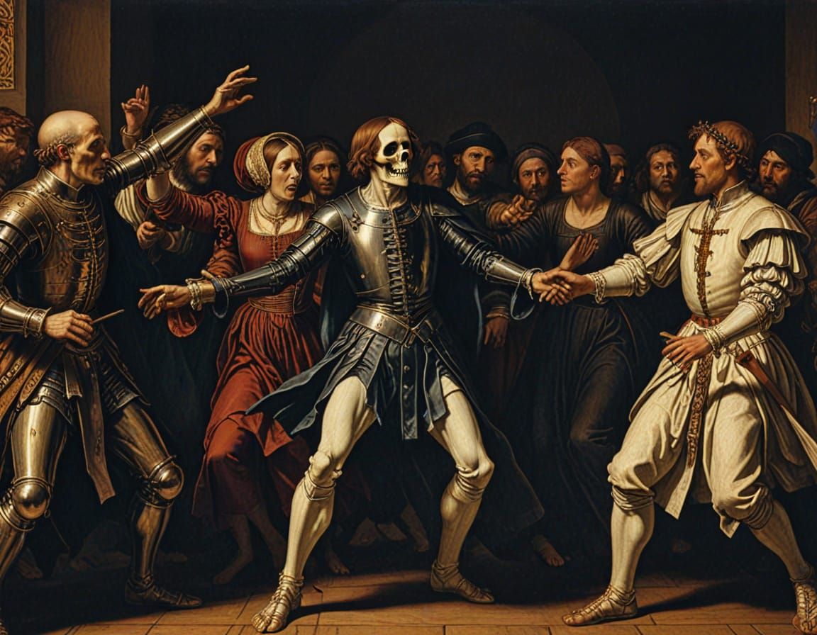Renaissance Dance Macabre Oil Painting in Woodcut Style