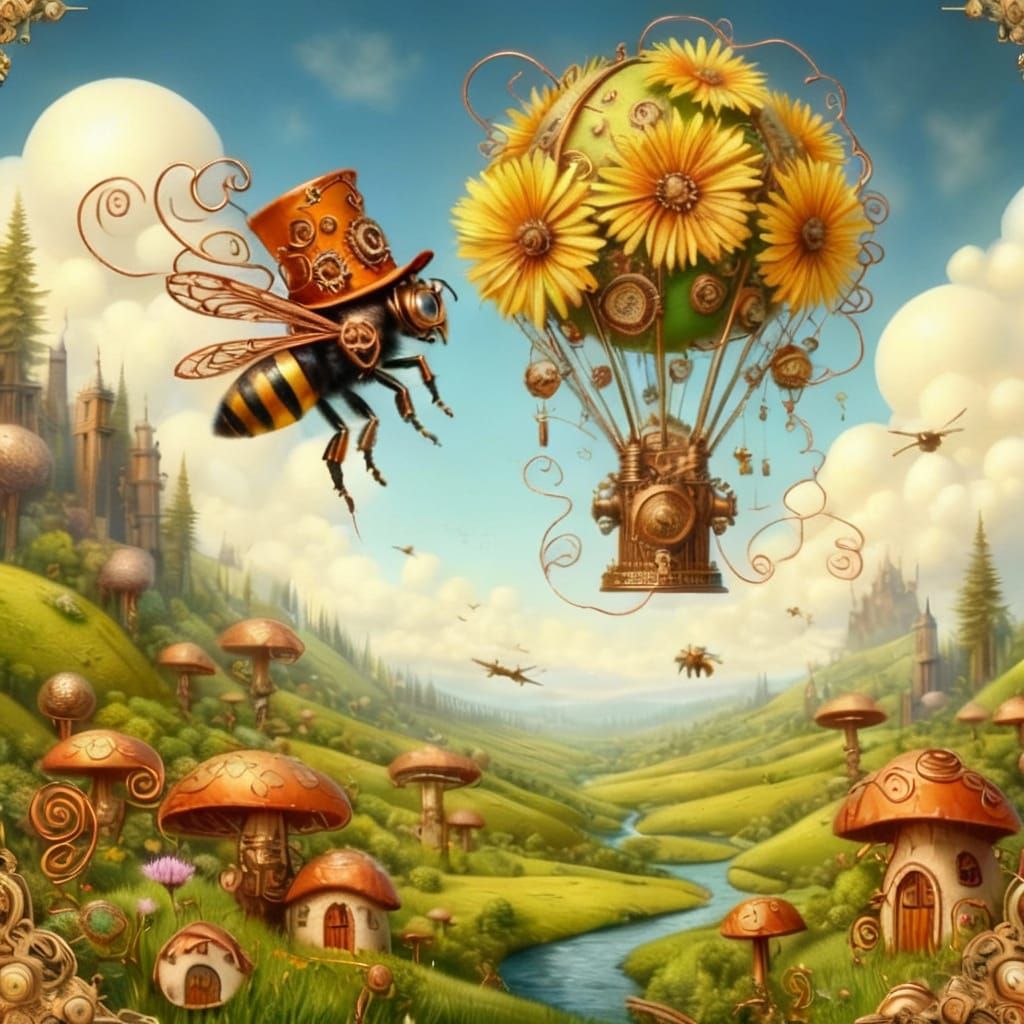 Steampunk Bumblebee Pilot in Whimsical Mushroom Landscape
