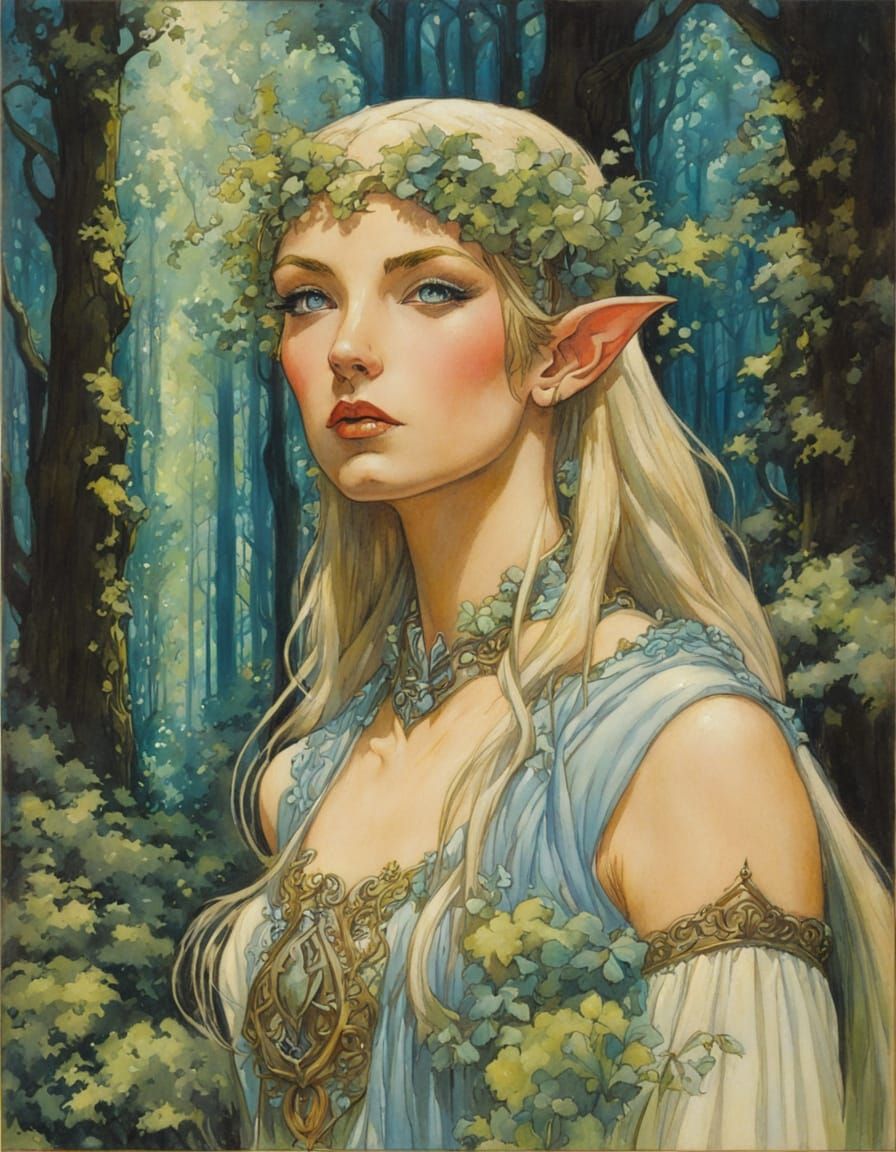 Ethereal Wood Elf in Art Nouveau Splendor