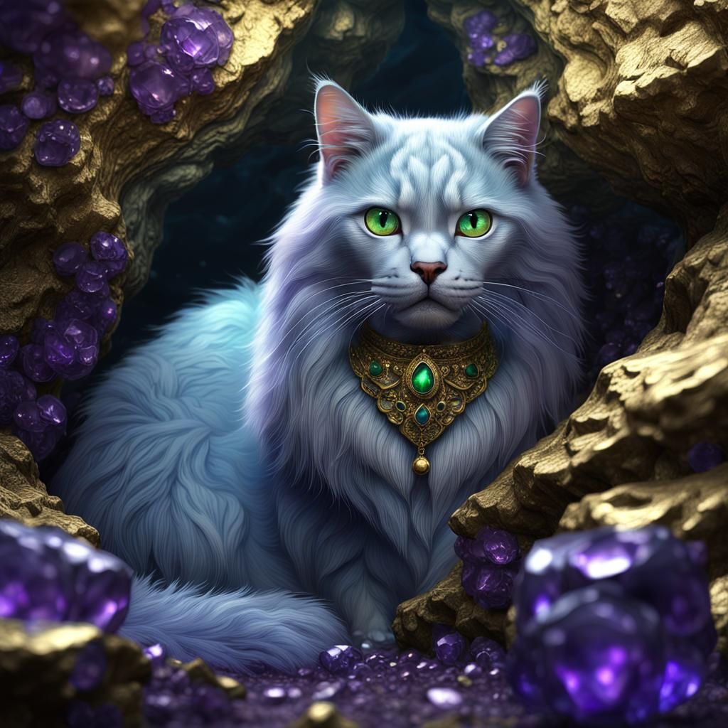 Silver Burmese Cat in Amethyst Cave: Digital Art