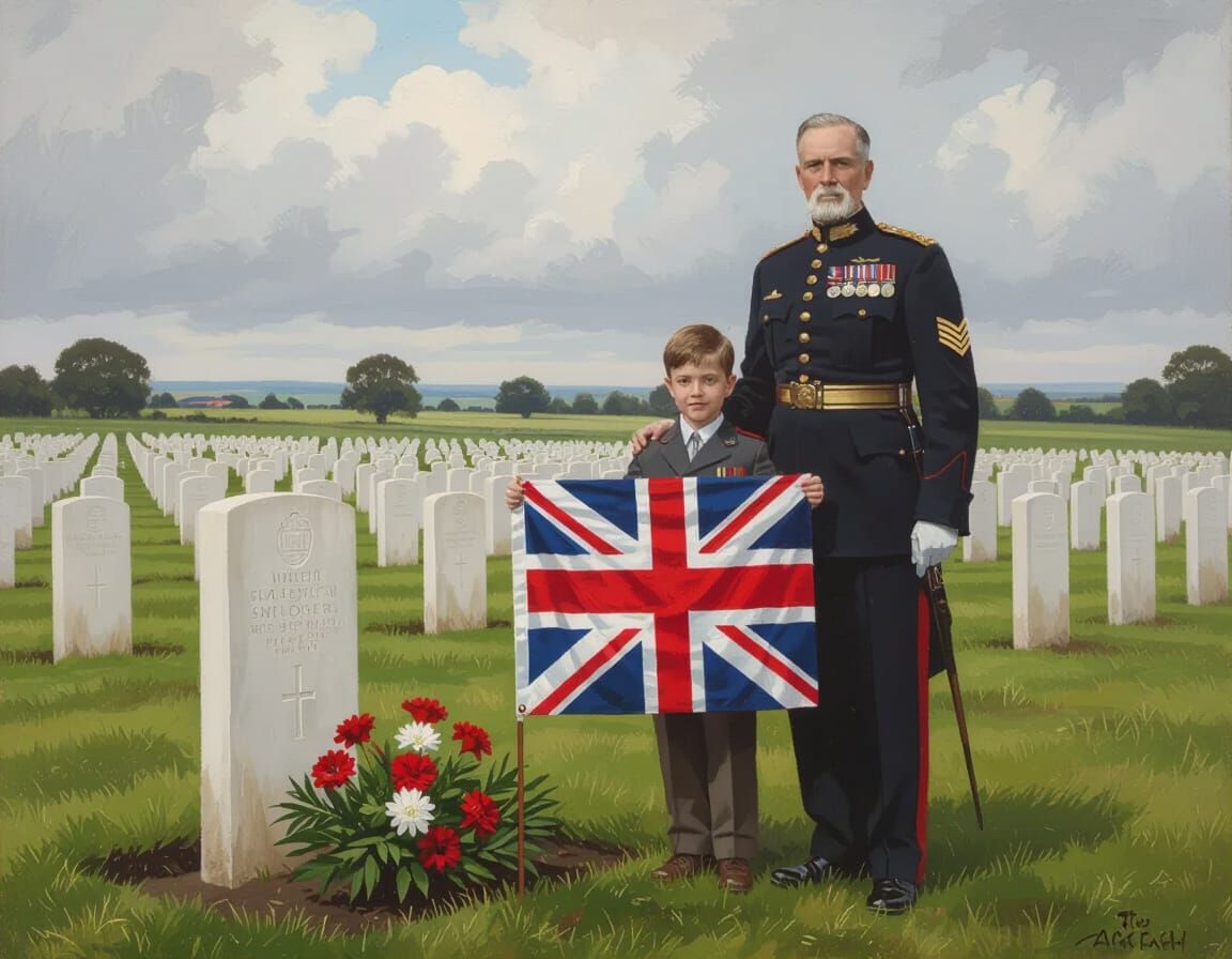 WW1 Veteran & Grandson at Grave in 1945 England