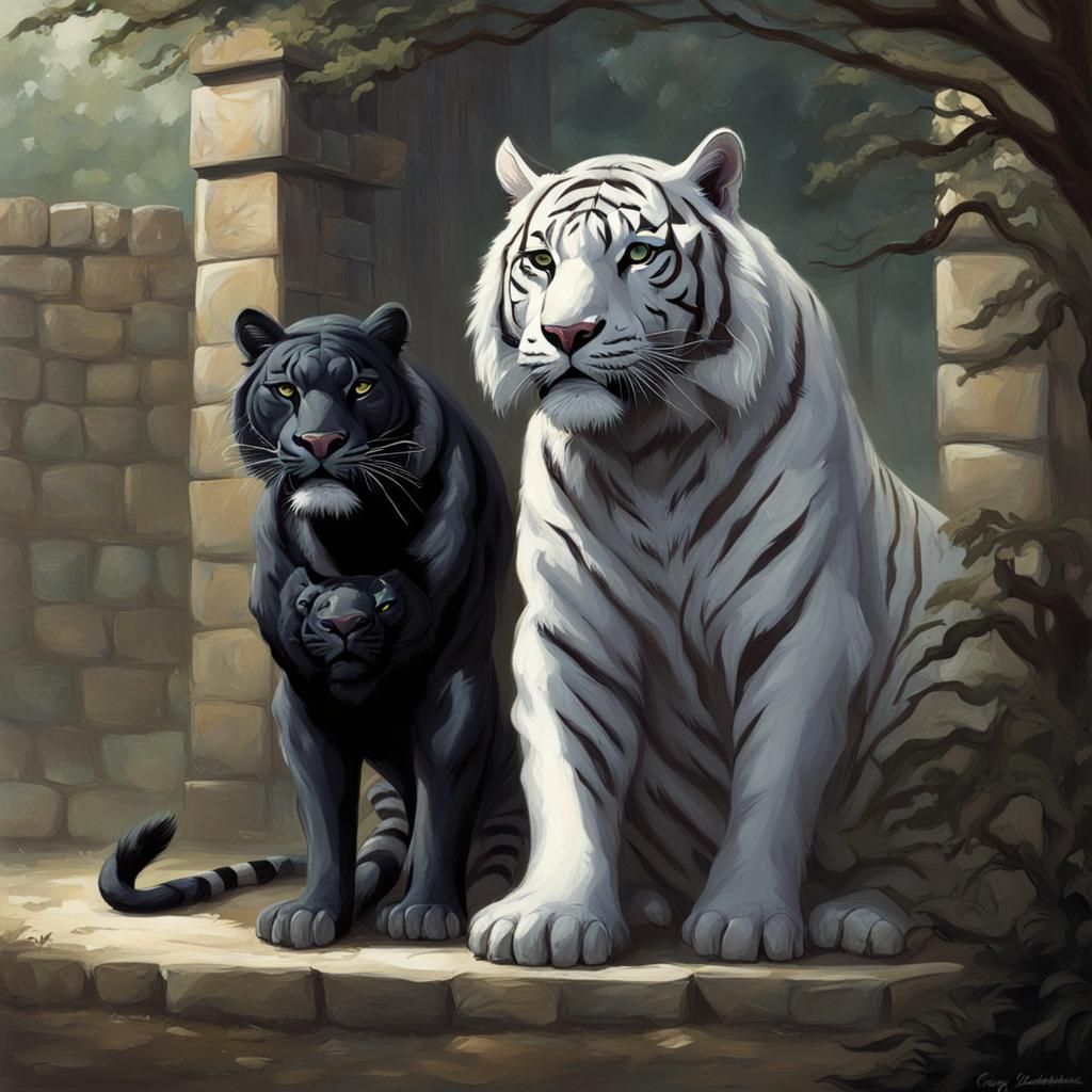 Black Panther and White Tiger at Castle Gate