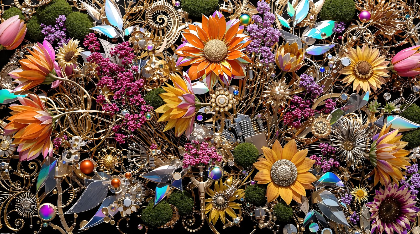 Surreal Metal Flowers Bloom in Cyberpunk Opulence