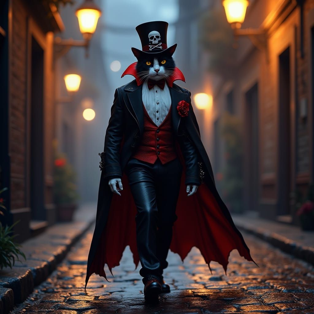 Vampire Cat in Tuxedo on Cobblestone Street