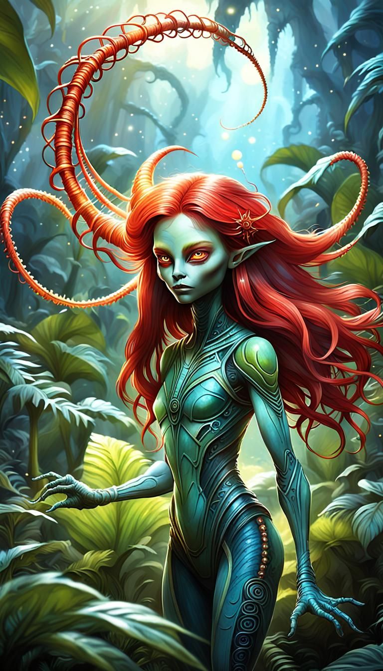 Alien with Flowing Red Hair in Exotic Jungle