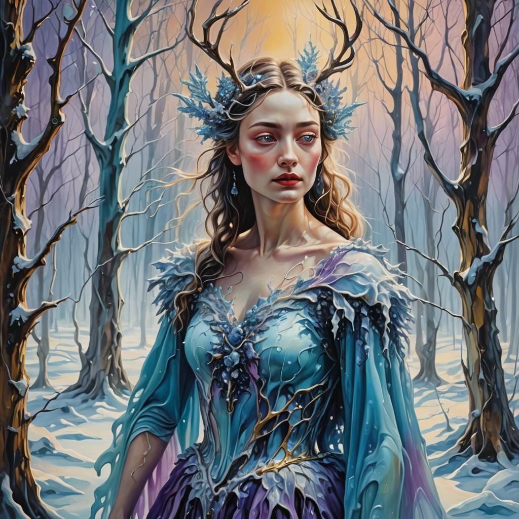 Delicate Winter Fae in Dreamlike Oil Painting