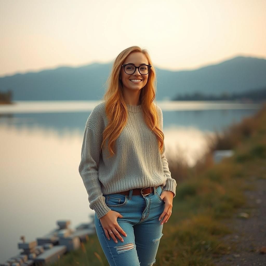 Serene Woman by Lakeshore in Golden Hour Lighting