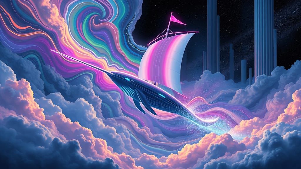 Neon Narwhal Navigates Rainbow Nebula in Futuristic Vessel