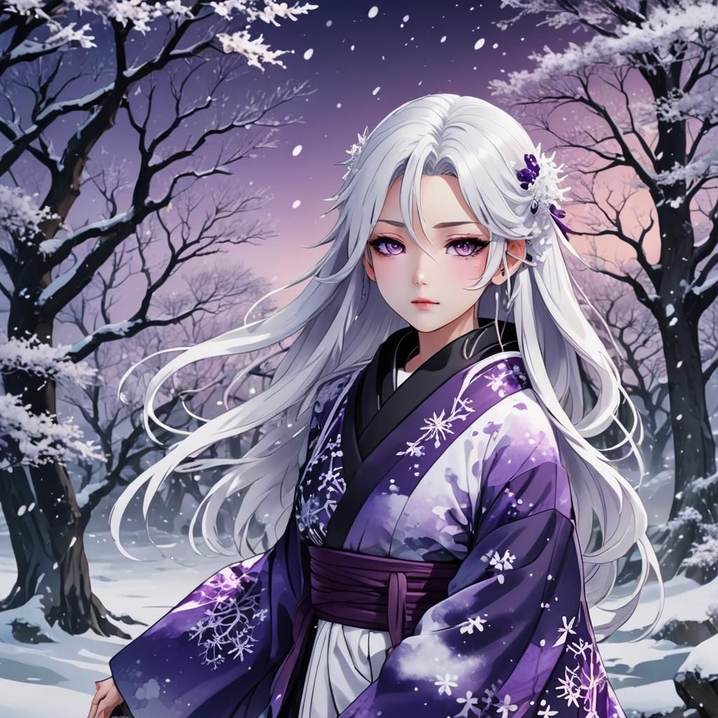 Anime Girl in Winter Landscape, Cel-Shaded Style