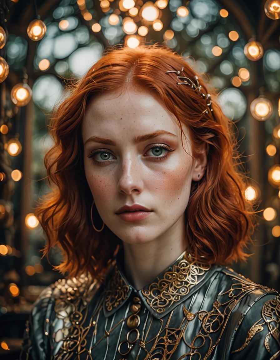 A surreal portrait of a redhead woman with piercing eyes, ca...