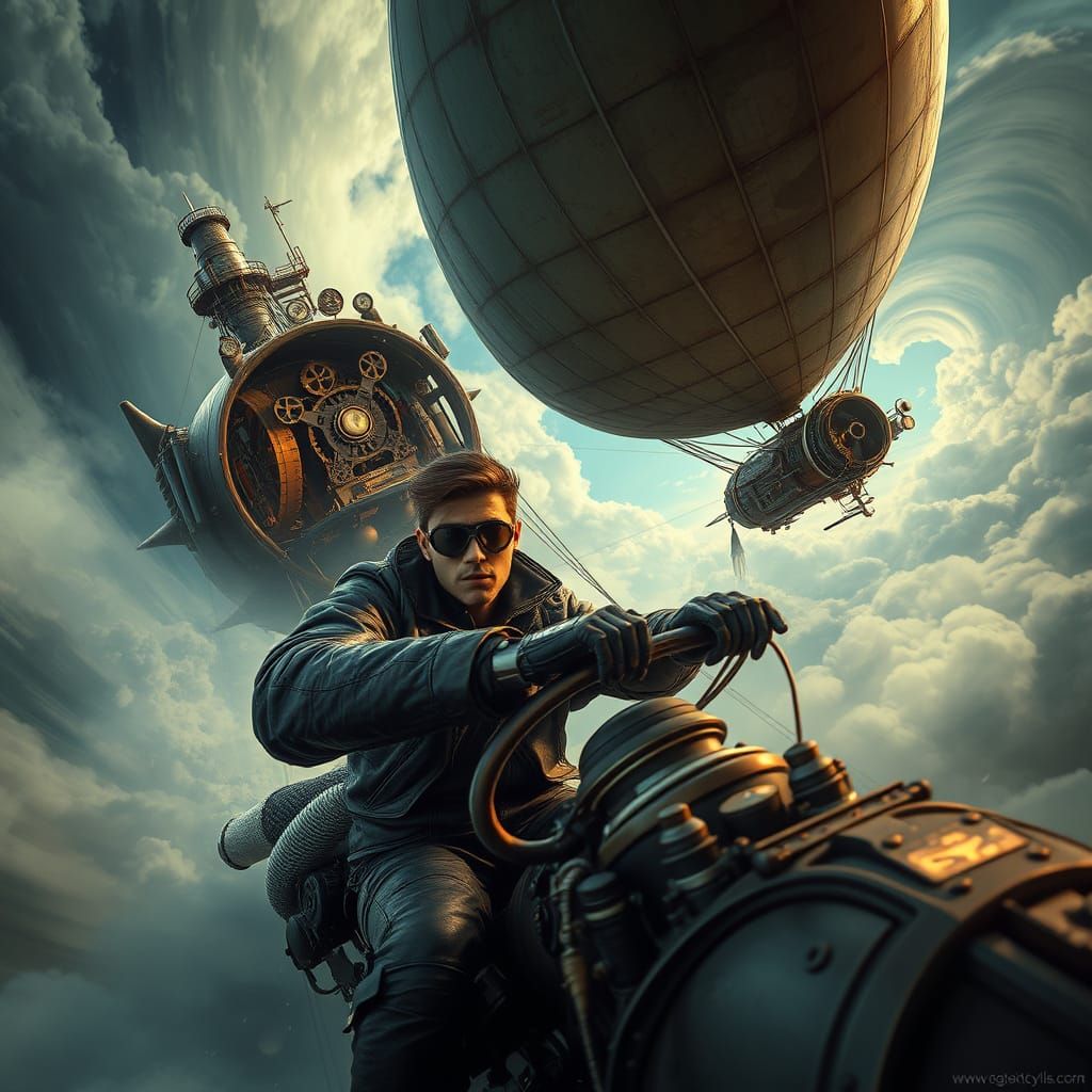 Steampunk Airship Racer in Swirling Cloudscape