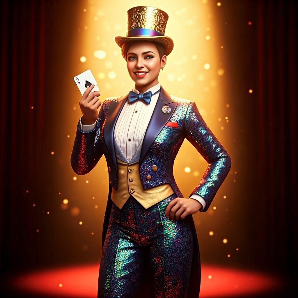Elegant Magician Performs Whimsical Card Trick