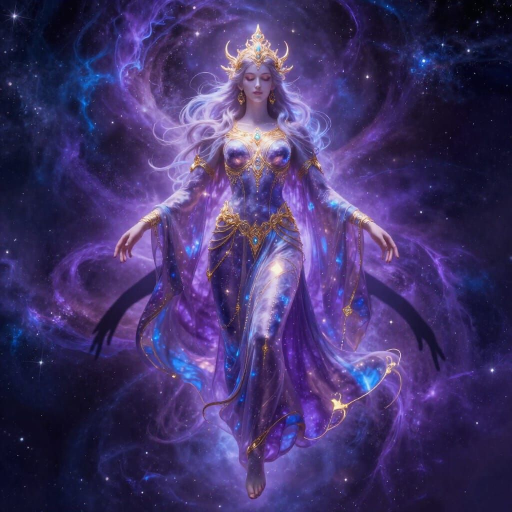 Majestic Celestial Being Descending in Cosmic Nebula