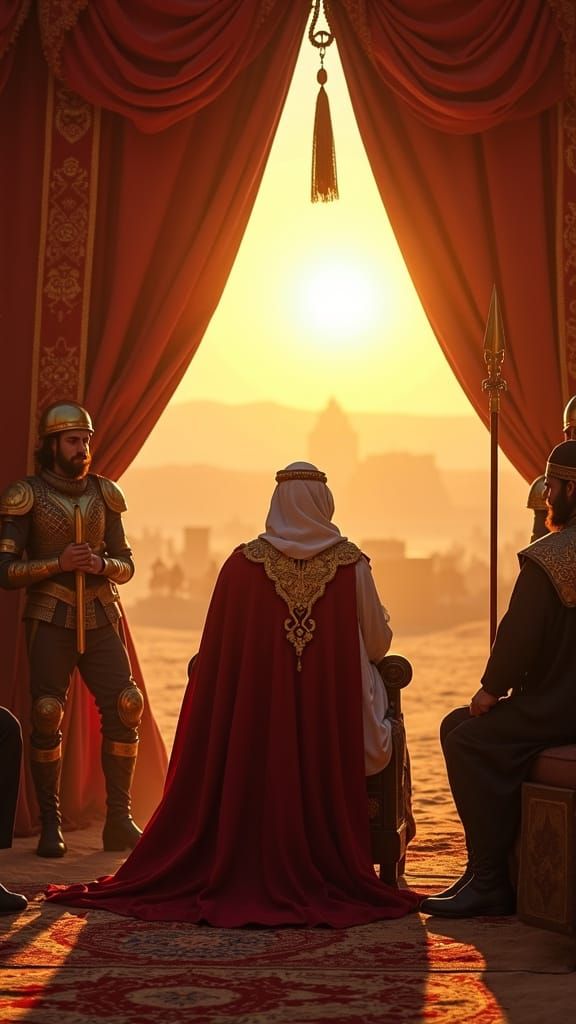 Regal Arabian Desert Scene at Sunset with Royal Guards and S...