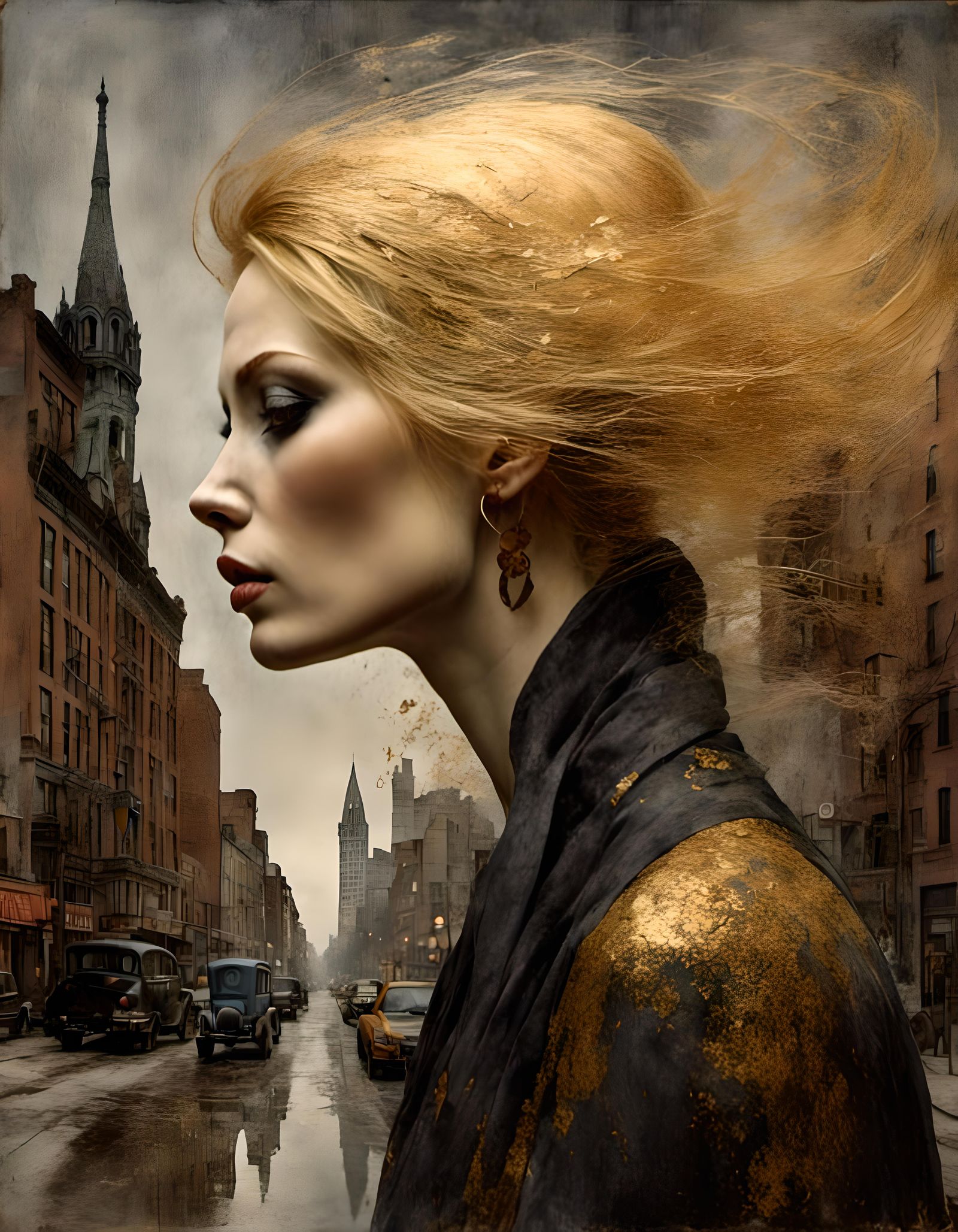 Surreal Gold Hair Portrait in Moody Cityscape