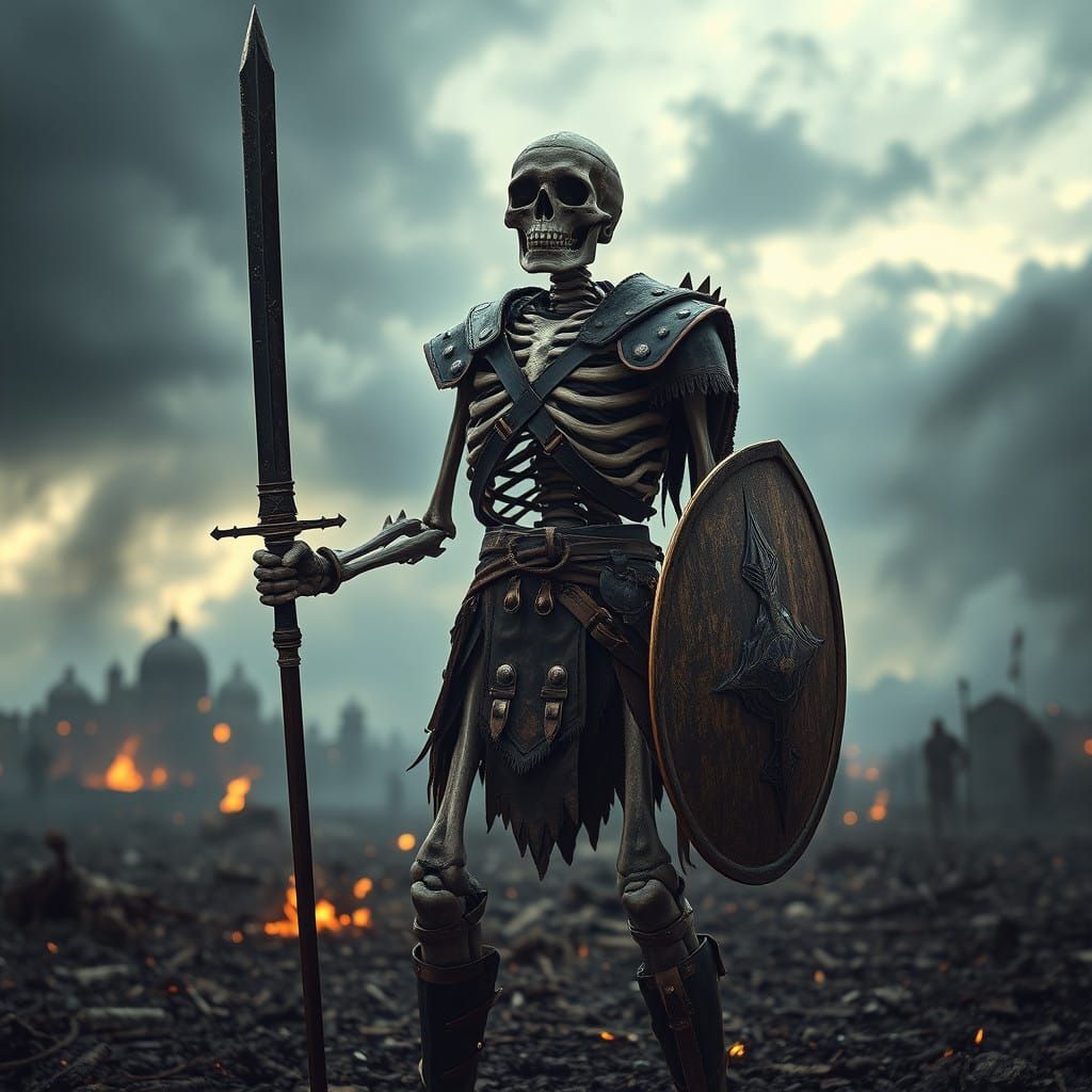 Epic Skeleton Warrior Battling in a Stormy Battlefield Scene