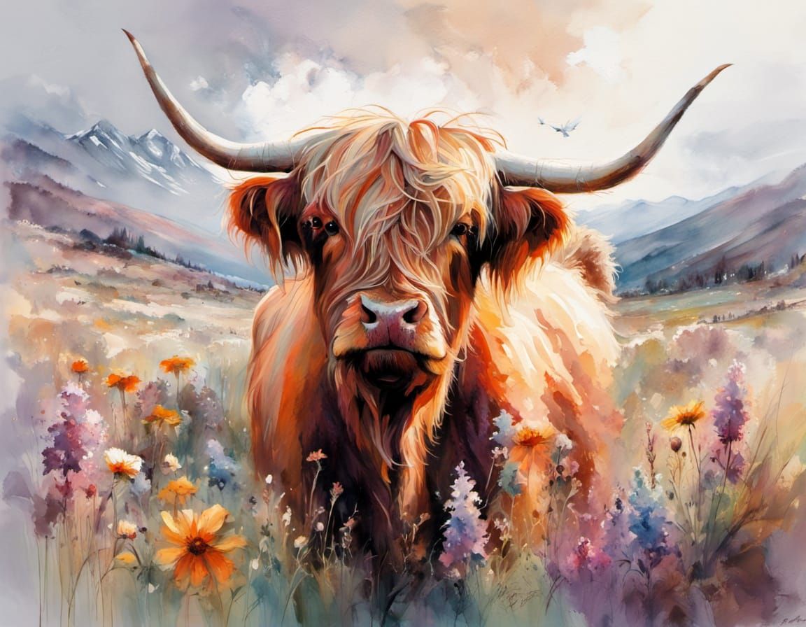 Highland Cow in Wildflower Meadow: Watercolor Painting