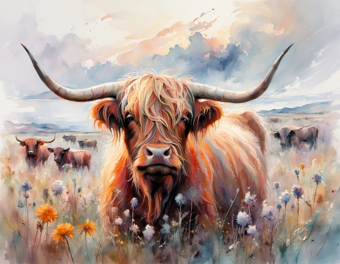 Highland Cow in Wildflower Field, Watercolor Painting