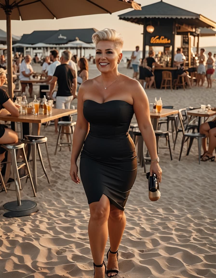 Voluptuous Woman with Platinum Mohawk at Beach Bar
