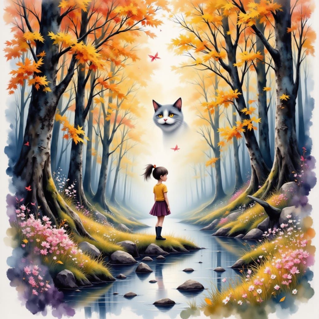 Wonderland Girl in Inverted Color Forest with Cheshire Cat G...