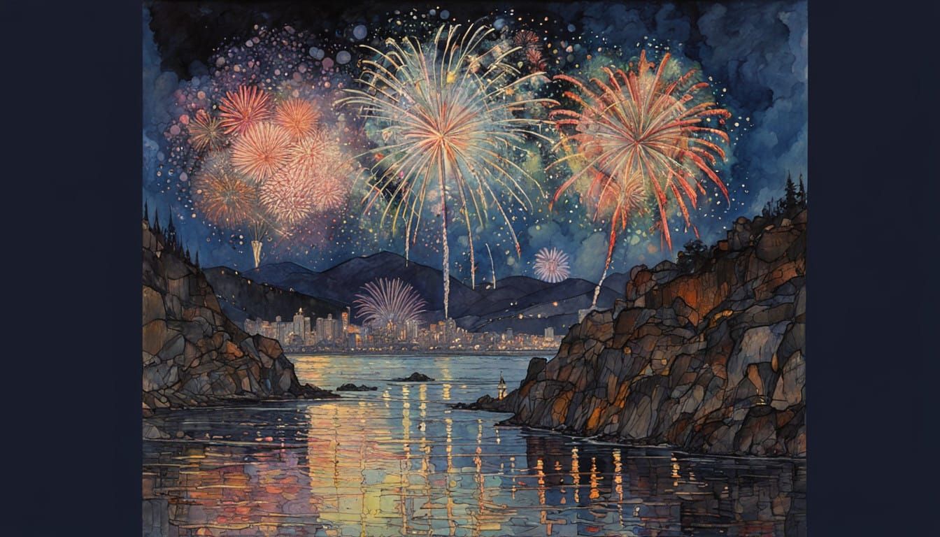 New Year's Eve Fireworks in Vibrant Watercolor