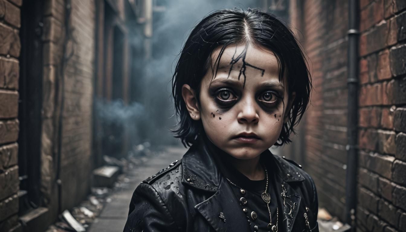 Gothic Baby Portrait in Dark Alley, Hyperrealistic HDR