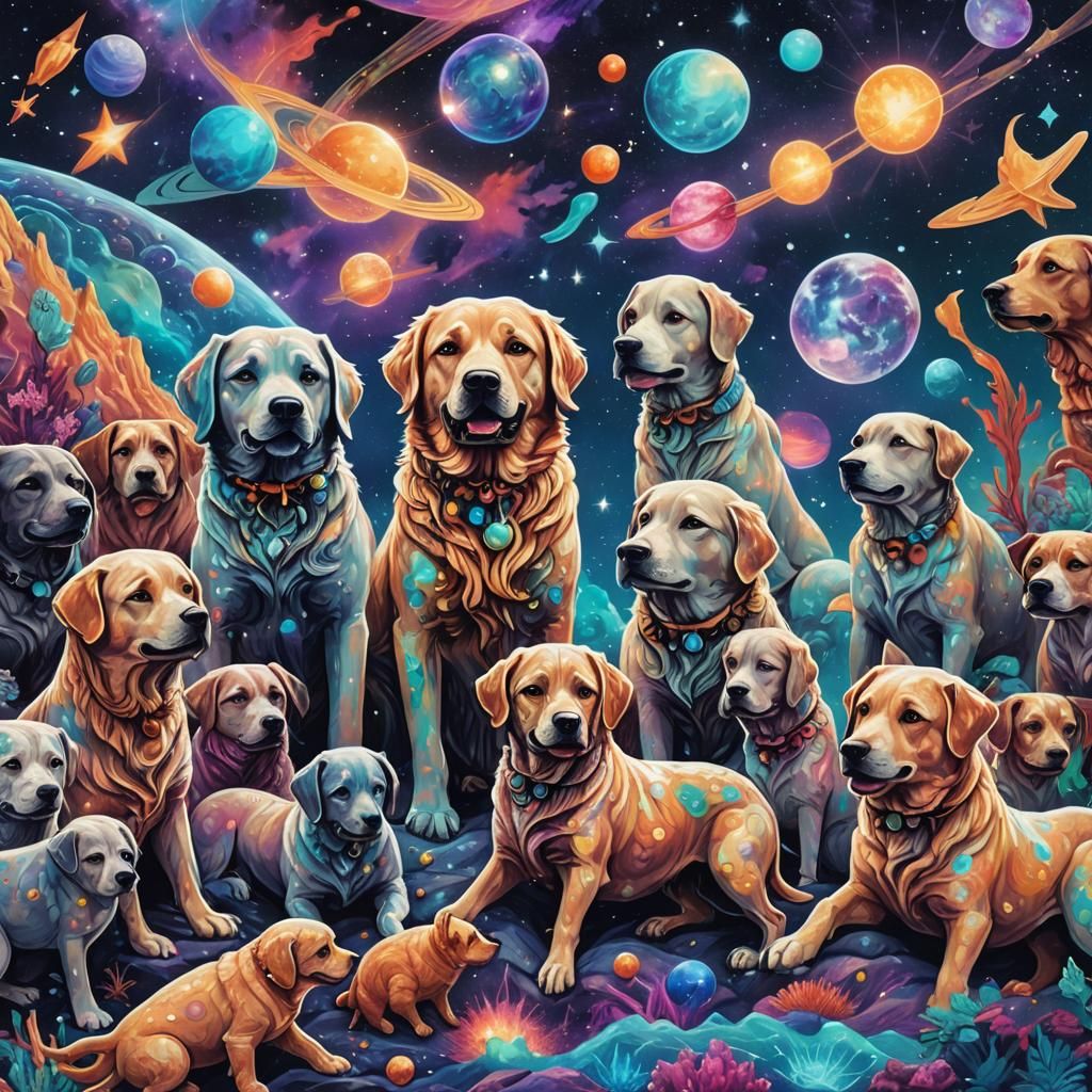 Mystical Cosmic Merdogs in Visionary Art Style
